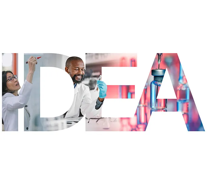 Large "IDEA" text with image of man inspecting test tube inside of the letters